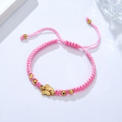 Pink Braided Adjustable Sliding Knot Bracelet with Gold Beads