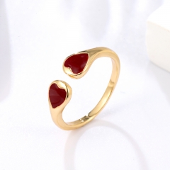 Red Enamel Double Heart Open Cuff Ring