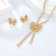 Butterfly Pendant Necklace with Tassel & Matching Stud Earrings