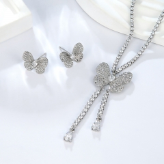 Silver Butterfly Pendant Necklace with Tassel & Matching Stud Earrings