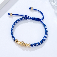 Adjustable Blue Cord Braided Bracelet with Gold Ball Beads