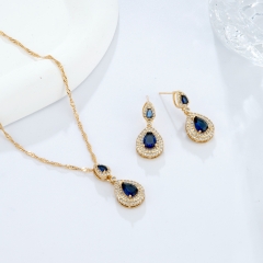 Gold Plated Teardrop Sapphire Color CZ Double Halo Jewelry Set (Necklace & Drop Earrings)