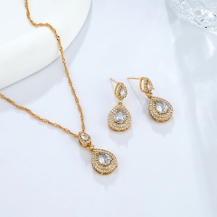 Gold Plated Clear Teardrop CZ Double Halo Jewelry Set (Necklace & Drop Earrings)