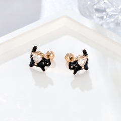 Dainty Enamel Black Cat Cartilage Studs with Heart Crystal
