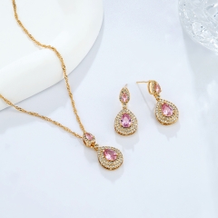 Gold Plated Teardrop Pink CZ Double Halo Jewelry Set (Necklace & Drop Earrings)