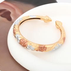 Tri-color Gold Plated Embossed Flower Open Cuff Bangle