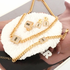 18K Gold Plated Cuban Chain Lock Initial S CZ Necklace Bracelet Earrings Ring 4PCS Jewelry Set