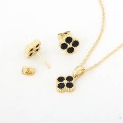 Gold Plated Black CZ Four-Leaf Clover Jewelry Set