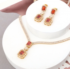 Gold Plated Red Gemstone Necklace & Earring Set