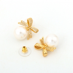Sparkle Bow White Pearl Stud Earrings, Gold Plated