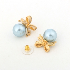 Gold Plated Cubic Zirconia Bow Light Blue Pearl Stud Earrings