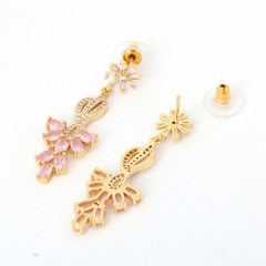 Pink Zircon Flower Long Dangle Earrings, Gold Tone Copper Chandelier Earrings
