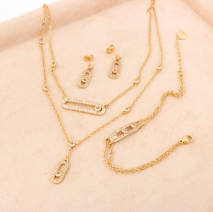 18K Gold Plated Double Layer Moving CZ Paperclip Pendant Necklace Bracelet Earrings 3PCS Jewelry Set