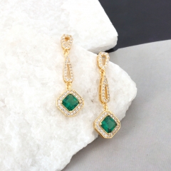 Emerald Green Cubic Zirconia Drop Earrings, Gold Tone Copper Long Dangle Earrings