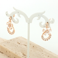 Floral CZ Dangle Earrings with Crystal Circle, Rose Gold Tone