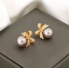 Lustre Grey Pearl with Diamond-Encrusted Bow Stud Earrings
