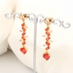 Red Heart Zircon Long Dangle Earrings, Gold Tone Copper Linear Drop Earrings