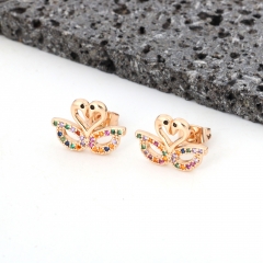 Colorful Rainbow CZ Twin Swan Stud Earrings, Rose Gold Tone