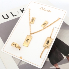 18K Gold Plated CZ Paved Dog Tag Initial S Pendant Necklace Bracelet Earrings Ring 4PCS Jewelry Set