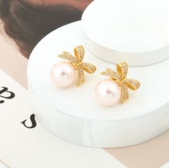Gold Plated Cubic Zirconia Bow Champagne Pearl Stud Earrings