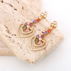 Rainbow Multi-Color Zircon Heart Drop Earrings, Gold Tone Copper Long Dangle Earrings
