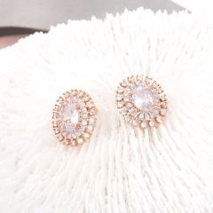 Vintage-Style Oval Halo Stud Earrings, Rose Gold Tone with Baguette & Round CZ