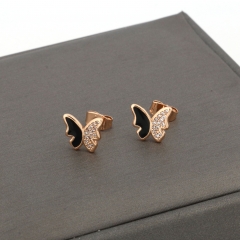 Dainty Black Enamel Butterfly Stud Earrings with Clear CZ, Rose Gold Tone