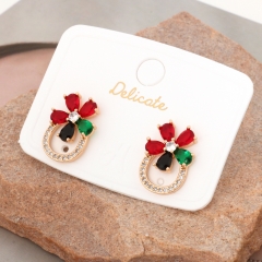 Vibrant Multi-Color Flower Earrings, Red Green Black CZ, Rose Gold Plated
