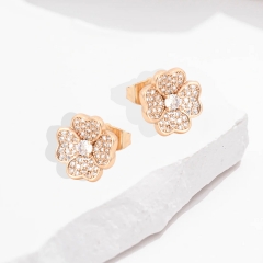 Sparkling Clover Flower Stud Earrings, Micro-Pave CZ, Rose Gold Plated Copper, 12.4mm