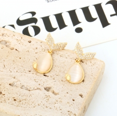 Cubic Zirconia Fish Tail with Opal Cat Eye Dangle Earrings