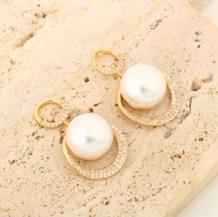 Lustrous White Pearl with Diamond-Encrusted Moon Frame Earrings