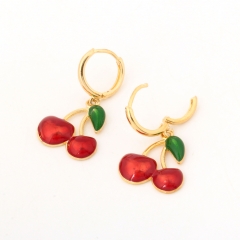 Cute Red Cherry & Green Leaf Hoop Earrings