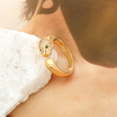Adjustable Gold Panther Ring with CZ and Green Eyes