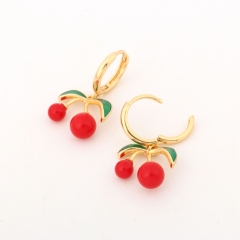 Cute Red Cherry & Green Leaf Enamel Dangle Earrings