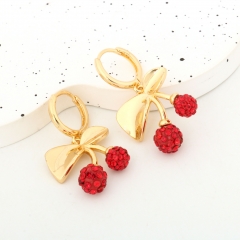 Gold Plated Cherry Charm Hoop Earrings with Rhinestone Balls