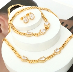 Tarnish-Resistant Gold Teardrop Halo CZ Cuban Jewelry Set