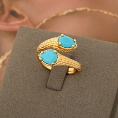 Textured Gold Tone Turquoise Stone Snake Statement Ring