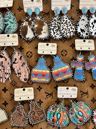 Handcrafted Embossed Leather Concho Earrings in Navajo