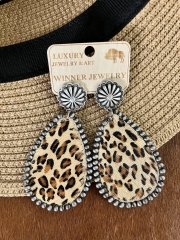 Handcrafted Leopard Print Hair Leather Concho Earrings in Navajo