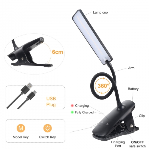 LED Reading Light with Clip USB Rechargeable Book Lights, Eye Protection 24 LEDs