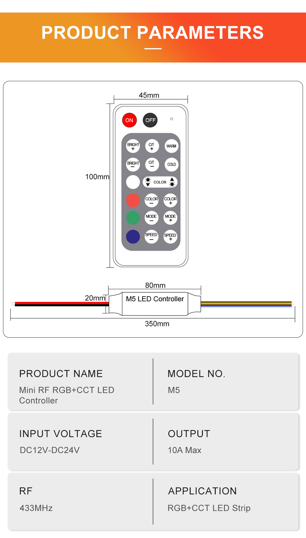 M5 Mini RF RGB+CCT LED Controller,433 Series