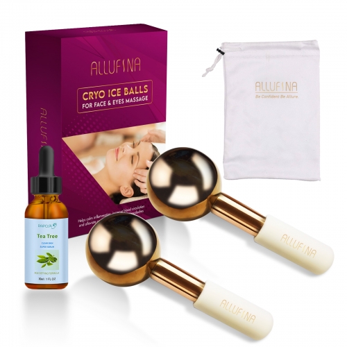 ALLUFINA Facial Ice Globes With Tea Tree Serum Gold Unbreakable Steel Cooling Roller Cryo Sticks for Face Massager For Neck & Eyes