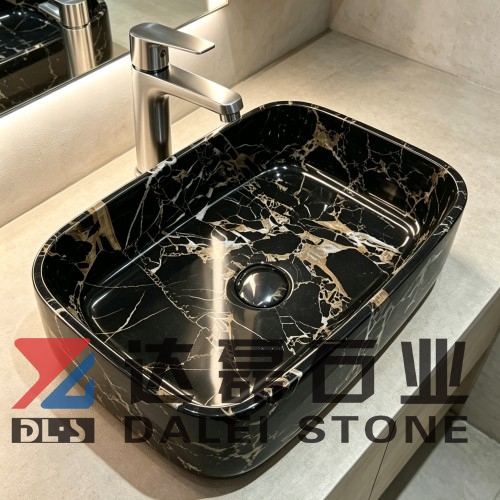 Portoro Extra Marble Wash Basin Rounded Rectangle Black Gold Vein Vessel Sink