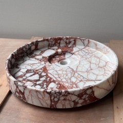 Round Calacatta Burgundy Marble Vessel Sink Natural Stone Bathroom Wash Basin