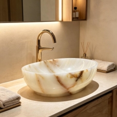 Natural White Onyx Marble Bathroom Vessel Sink Basin