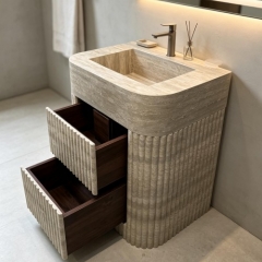 Natural Marble Integrated Fluted Travertine Bathroom Vanity Sink with Cabinet