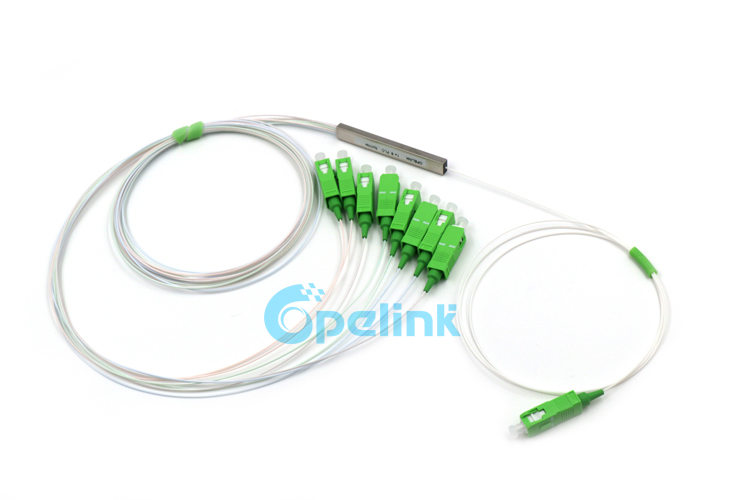 A 1X8 Optical Fiber Splitter packaged in min Blockless steel tube, high quality SC/APC SM Pigtail connection input and output, this is a product provided by Opelink