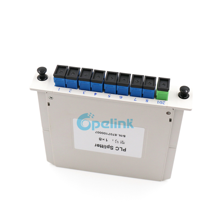 This is a cost-effective 1X8 Fiber Optical PLC Splitter Cassette product in a standard size LGX Box package, SC/PC+SC/APC adapter access port, easy to install, provided by OPELINK