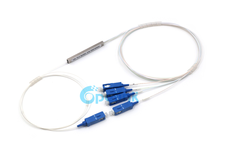 A 1X4 PLC Fiber Splitter packaged in min Blockless steel tube, high quality SC/PC SM Pigtail connection input and output, this is a product provided by Opelink