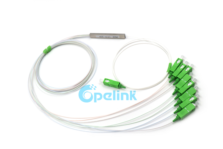 This is a 1x8 fiber splitter product sold by opelink, packaged with min blockless steel tube and SC / APC SM pigtail